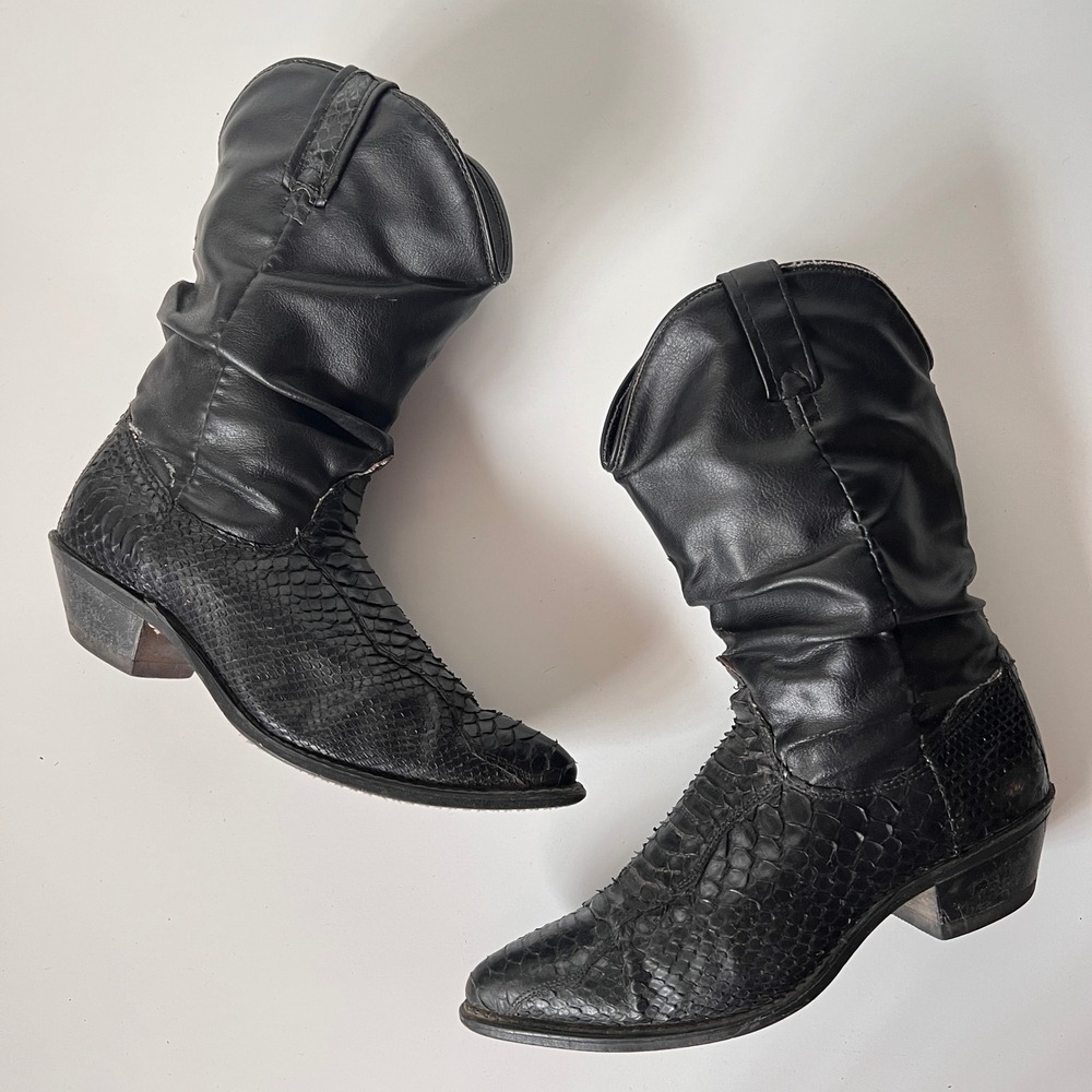 Vintage 80s Slouchy Mid Calf Black Western Boots Snakeskin Leather‎ Biker 8.5